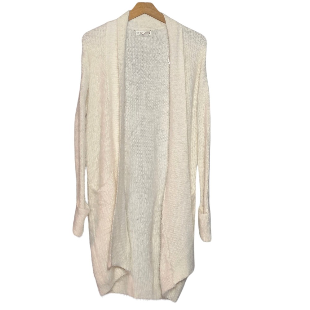Daisy May Women S Cardigan Off White Longline Fuzzy Open Front Pockets Duster